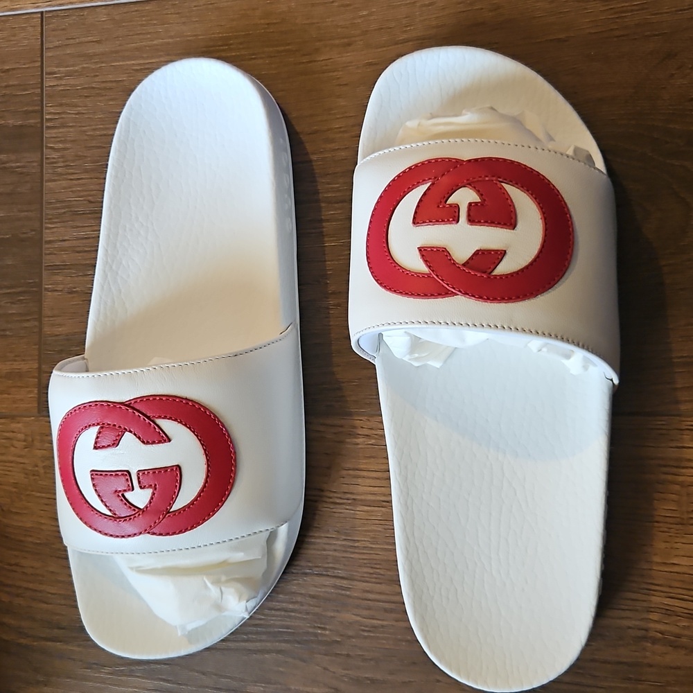 GUCCI INTERLOCKING G LEATHER SLIDES WHITE SIZE EU 38 - Picture 11 of 16